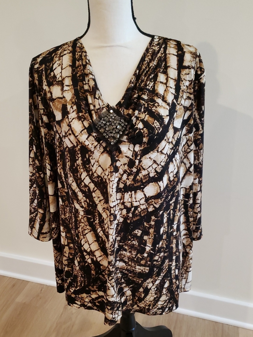 Susan Graver Brown and Cream V-Neck Tunic with Jeweled Accent Fall Top